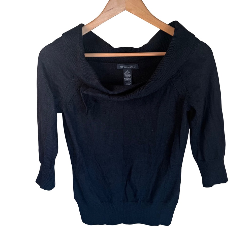Banana Republic Merino Wool Sweater Womens S Black Portrait Neck 3/4 Sleeve Glam